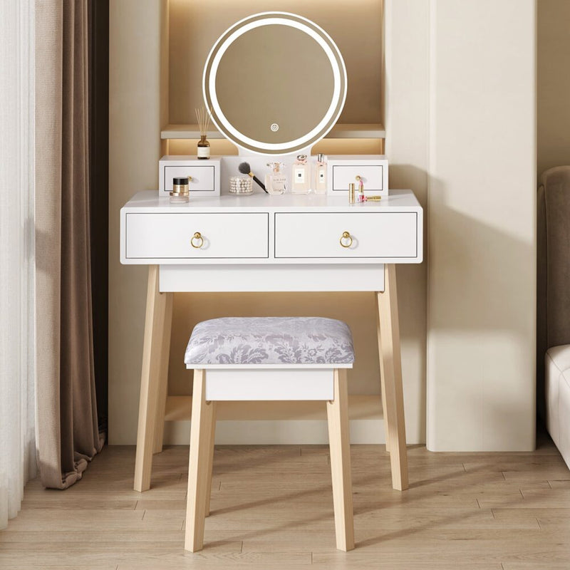 Dressing Vanity Table Stool Set with Make-up LED Lighted Mirror &