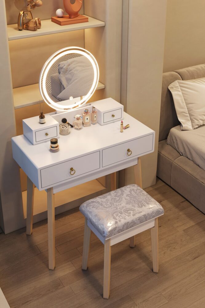 Dressing Vanity Table Stool Set with Make-up LED Lighted Mirror &