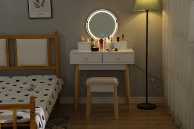 Dressing Vanity Table Stool Set with Make-up LED Lighted Mirror &#8211; White