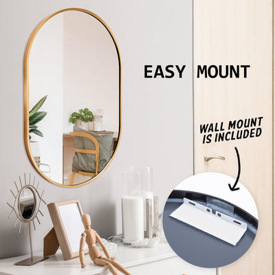 La Bella Gold Wall Mirror Oval Aluminum Frame Makeup Decor Bathroom Vanity 50 x 75cm