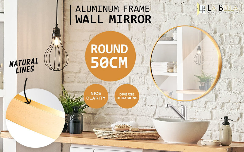 La Bella Gold Wall Mirror Round Aluminum Frame Makeup Decor Bathroom Vanity 50cm