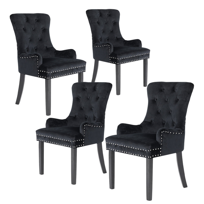 La Bella 4 Set Black French Provincial Dining Chair Ring Studded Lisse Velvet Rubberwood