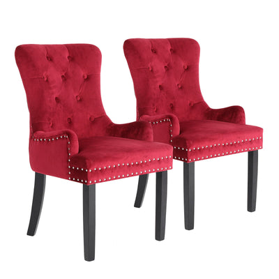 La Bella 2 Set Red French Provincial Dining Chair Ring Studded Lisse Velvet Rubberwood