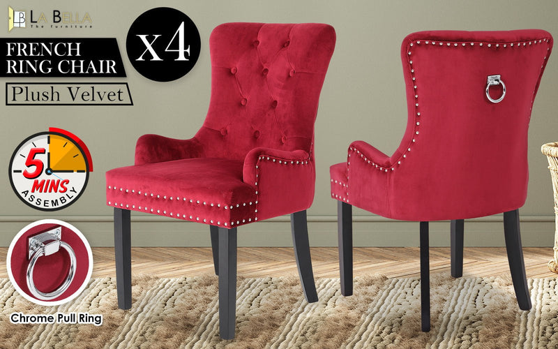 La Bella 4 Set Red French Provincial Dining Chair Ring Studded Lisse Velvet Rubberwood