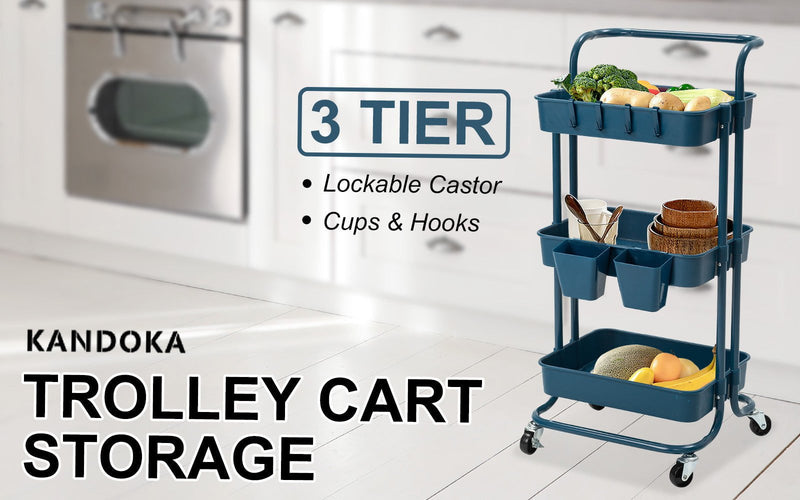 Kandoka 3 Tier Blue Trolley Cart Storage Utility Rack Organiser Swivel Kitchen