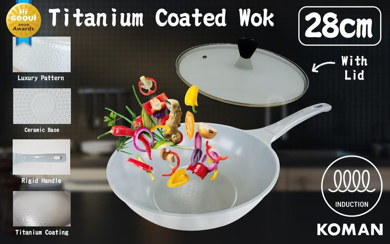 KOMAN 28cm Grey Shinewon Vinch IH Wok Wokpan Non-stick Induction Ceramic + Glass Lid