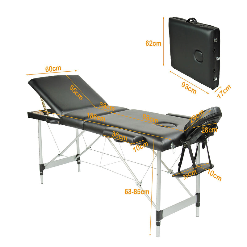 Black 3 Fold Portable Aluminium Massage Table Massage Bed Beauty Therapy