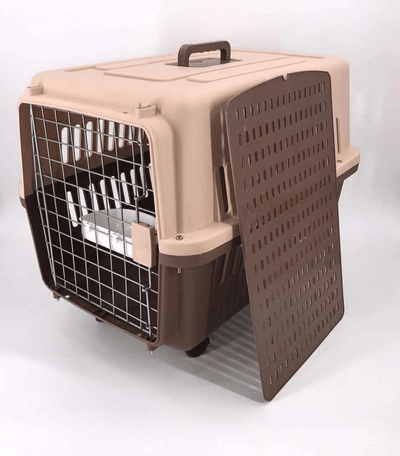 Brown Large Dog Puppy Cat Crate Pet Carrier Cage With Tray, Bowl & Wheel