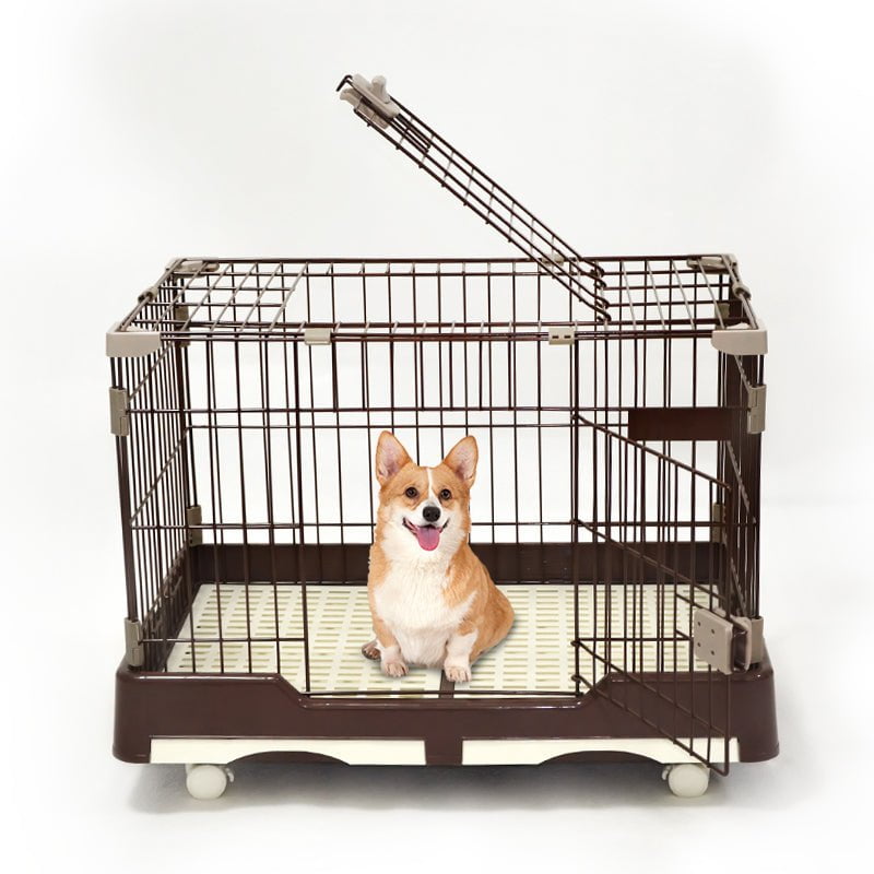 Large Brown Pet Dog Cage Cat Rabbit  Crate Kennel With Potty Pad And Wheel