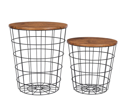 Vintage Round Coffee Tables Set of 2 Side Tables Robust Steel Frame for Living Room Bedroom Rustic Brown and Black