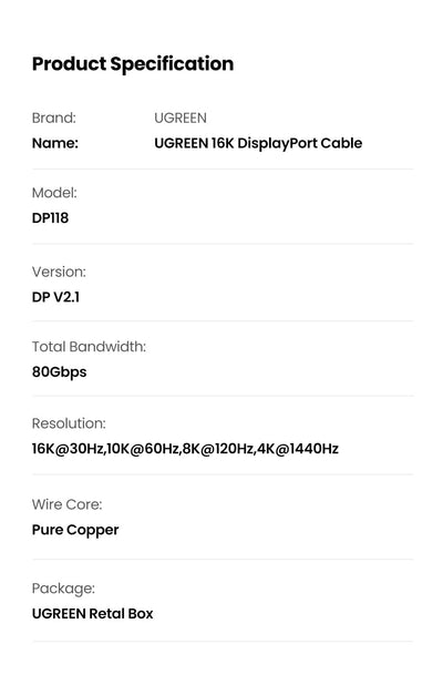 UGREEN 15383 16K Displayport 2.1 Male to Male VESA Certified Cable 1M