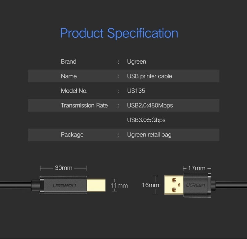 UGREEN 20846 USB 2.0 Printer Cable 1M