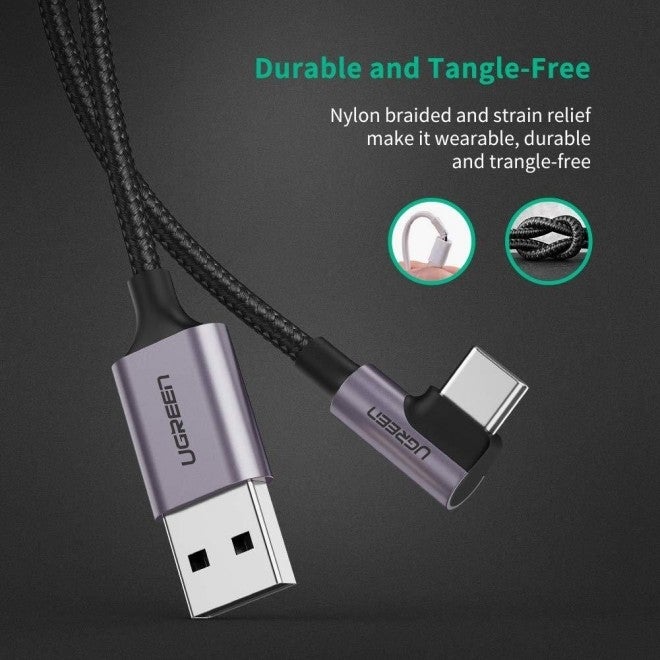 UGREEN USB-C to Angled USB2.0-C Round Cable M/M Aluminum Shell Nickel Plating 1m (Gray Black) 50123 - Payday Deals