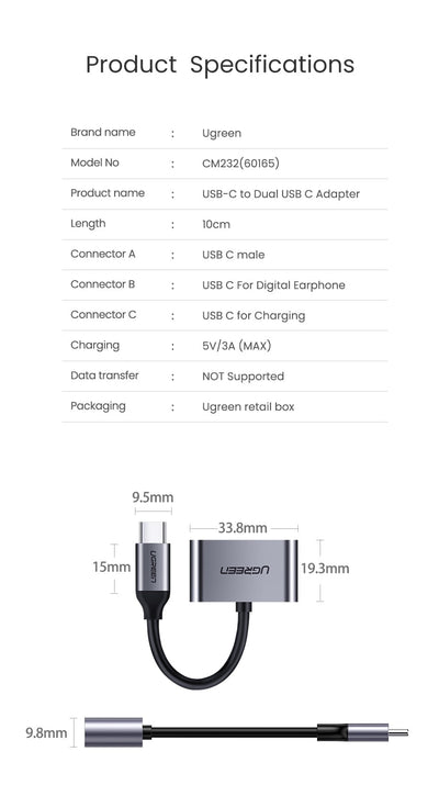 UGREEN 60165 USB-C to Dual USB-C Adapter