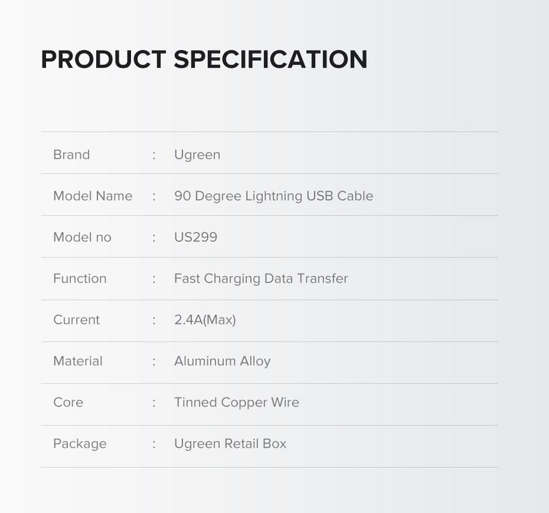 UGREEN 60521 USB-A to 8-pin 90 Degree Angel Cable 1M