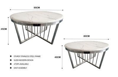 Salina Coffee Table 80cm Silver Base - White Marble