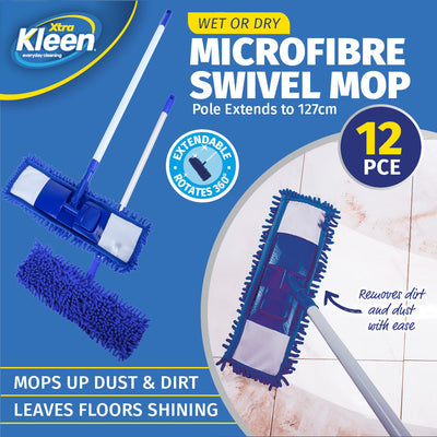 Xtra Kleen 12PCE Microfibre Swivel Mop Adjustable Poll Length 76 x 127cm