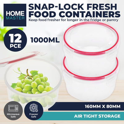 Home Master 12PCE 1000ml Snap Lock Container Microwave Freezer Safe 16 x 8cm