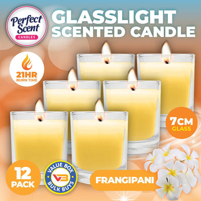 Perfect Scent 12PCE Frangipani Scented Fragrant Candles Glass Holder 7cm