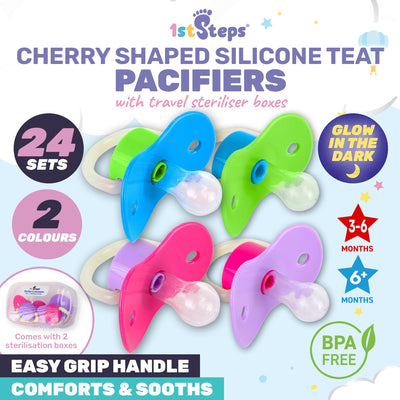 1st Steps 24PCE Cherry Teat Pacifiers With Case Glow In The Dark 3-6+ Month
