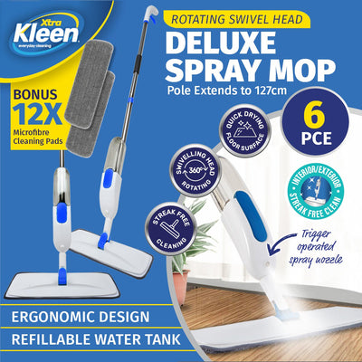 X-tra Kleen 6PCE Deluxe Swivel Head Spray Mops 12 x Bonus Microfibre Pads