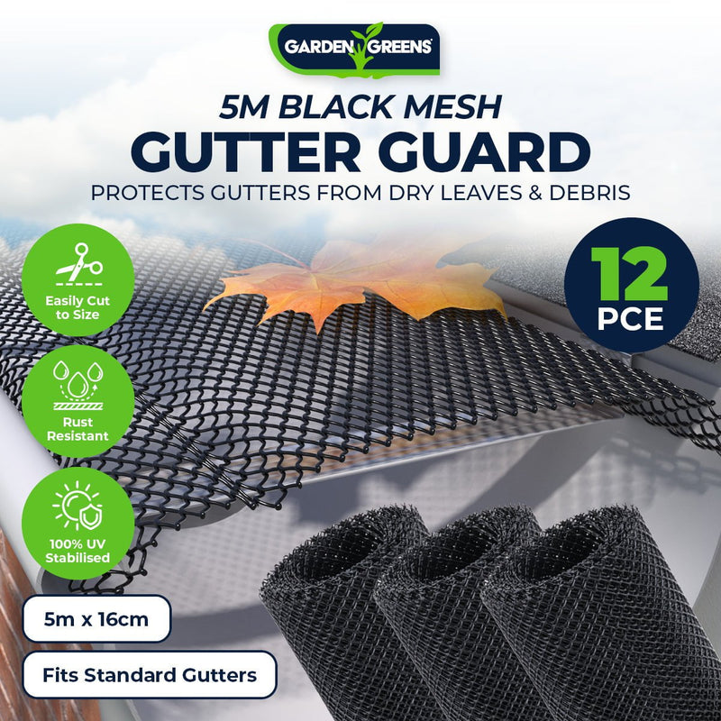 Garden Greens 12PCE Gutter Guard Black Mesh Rust Resistant Easy Install 5m