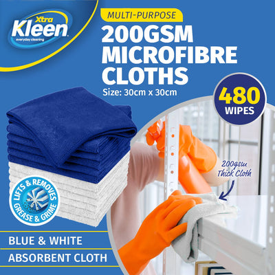 Xtra Kleen 480PCE Microfibre Cloths 200GSM Absorbent Multipurpose 30 x 30cm