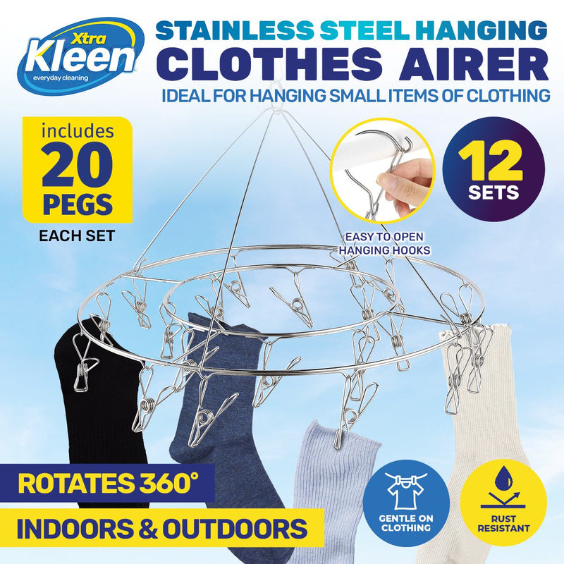 Xtra Kleen 12PCE Stainless Steel Rotating Clothes Airer With Pegs 31.5cm