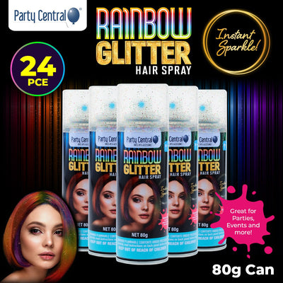 Party Central 24PCE Rainbow Glitter Hair Spray Long Lasting Non Sticky 80g