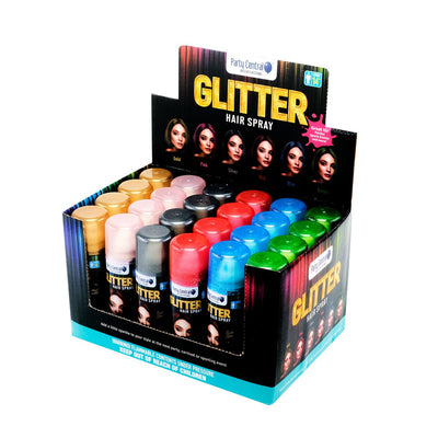 Party Central 24PCE Glitter Hair Spray Variety Pack Of Colours Non Sticky 80g