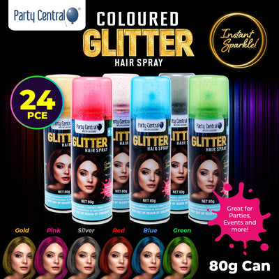 Party Central 24PCE Glitter Hair Spray Variety Pack Of Colours Non Sticky 80g