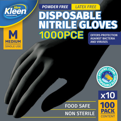 Xtra Kleen 1000PCE Disposable Nitrile Gloves Black Latex Powder Free Size M