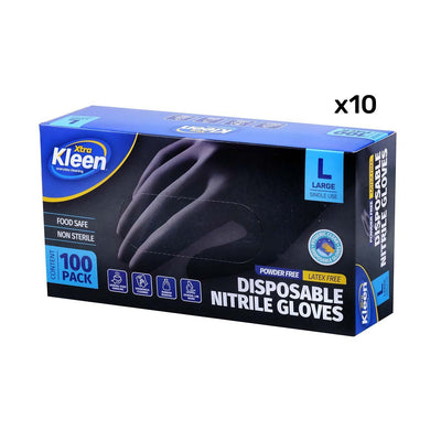 Xtra Kleen 1000PCE Disposable Nitrile Gloves Black Latex Powder Free Size L