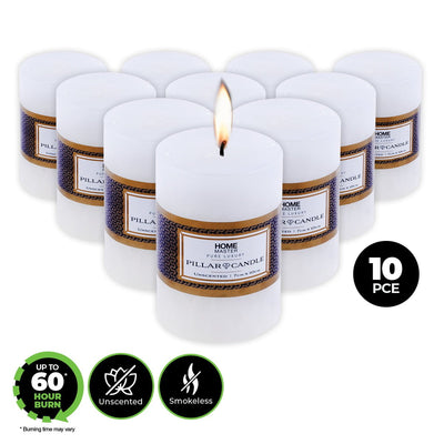 Home Master 10PCE Flat Pillar Candles White Unscented Lead Free Wick 7 x 10cm