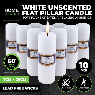 Home Master 10PCE Flat Pillar Candles White Unscented Lead Free Wick 7 x 20cm