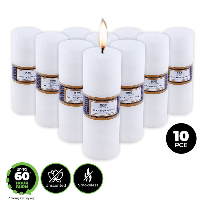 Home Master 10PCE Flat Pillar Candles White Unscented Lead Free Wick 7 x 20cm