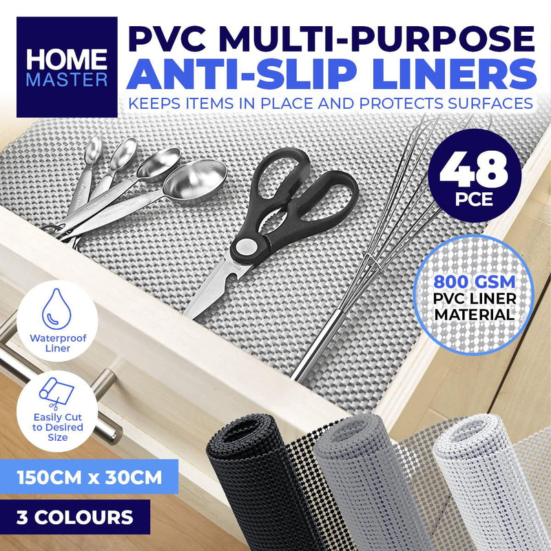 Home Master 48PCE PVC Anti Slip Liners Waterproof Black Grey White 30 x 150cm