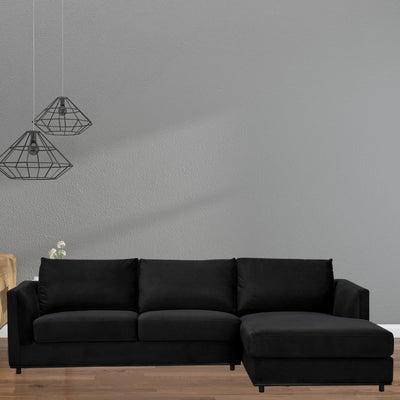 Kennedi 2 Seater Velvet Fabric Corner Sofa Lounge RHF Chaise - Black