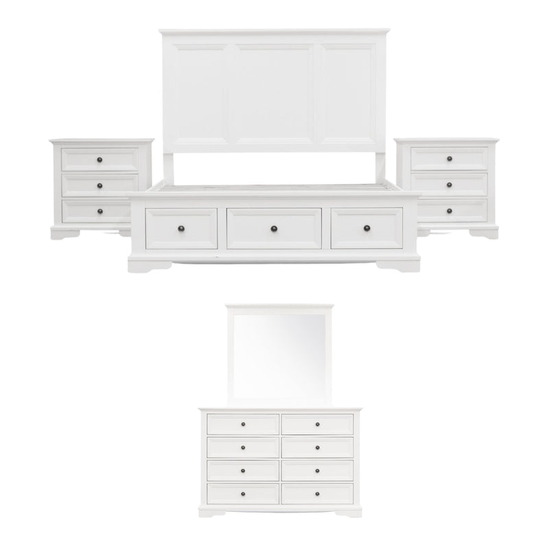 Celosia 5pc Queen Bed Frame Bedroom Suite Bedside Dresser Mirror Package - White