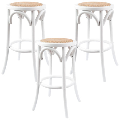 Aster 3pc Round Bar Stools Dining Stool Chair Solid Birch Wood Rattan Seat White