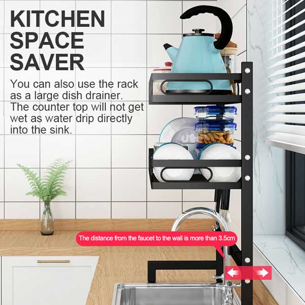 65cm 3 tier Over Single Sink Dish Drying Rack Drainer Kitchen Cutlery Holder Storage Organizer