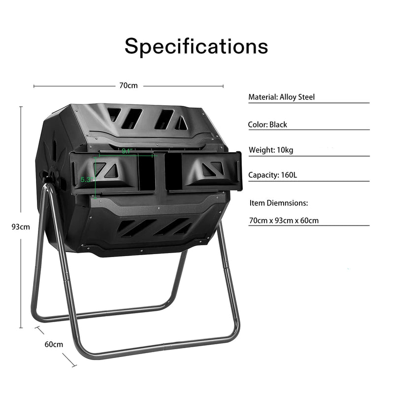 160L Large Outdoor Compost Bin Dual Chamber Tumbling Composter Tumbler Rotating
