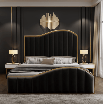 Elegant Luxury King Size Velvet Fabric Storage Bedframe Golden Trim-Black
