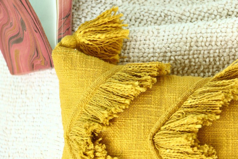 Tassels Linen Cushion Cover 50*50cm Beige Pillow Cover Handmade Boho rustic decor cream Moroccan Cushions Hand Tufted Cushion Lumbar Pillow