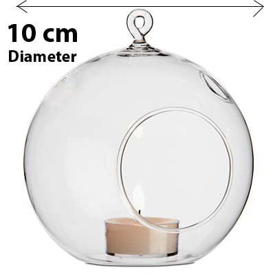 4 x Hanging Clear Glass Ball Tealight Candle Holder  - 10cm Diameter / High - Wedding Globe Decoration Terrarium Succulent Plant Mini Garden Holder Decor Craft Gift