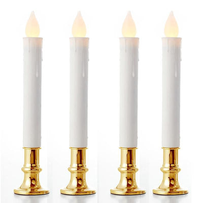 20 Pack Taper Stick White Battery Candle - Natural Flame Light Colour No Flicker - Gold Stand Base