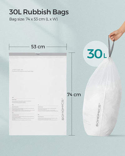 SONGMICS 2-Roll Drawstring Trash Bags Bundle，Suitable for SONGMICS Dual 2 x 30L Rubbish Bin - Leakproof, Strong HDPE, White Garbage Liners