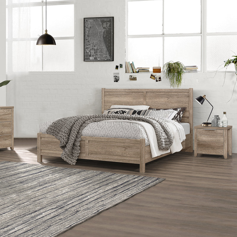 Alice 3 Pieces Bedroom Suite Natural Wood Like MDF Structure Queen Size Oak Colour Bed, Bedside Table