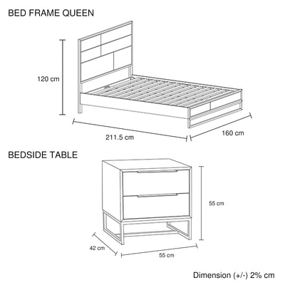 3 Pieces Bedroom Suite made in Solid Wood Acacia Veneered Queen Size Oak Colour Bed, Bedside Table