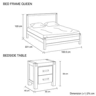 3 Pieces Bedroom Suite in Solid Wood Veneered Acacia Construction Timber Slat Queen Size Oak Colour Bed, Bedside Table